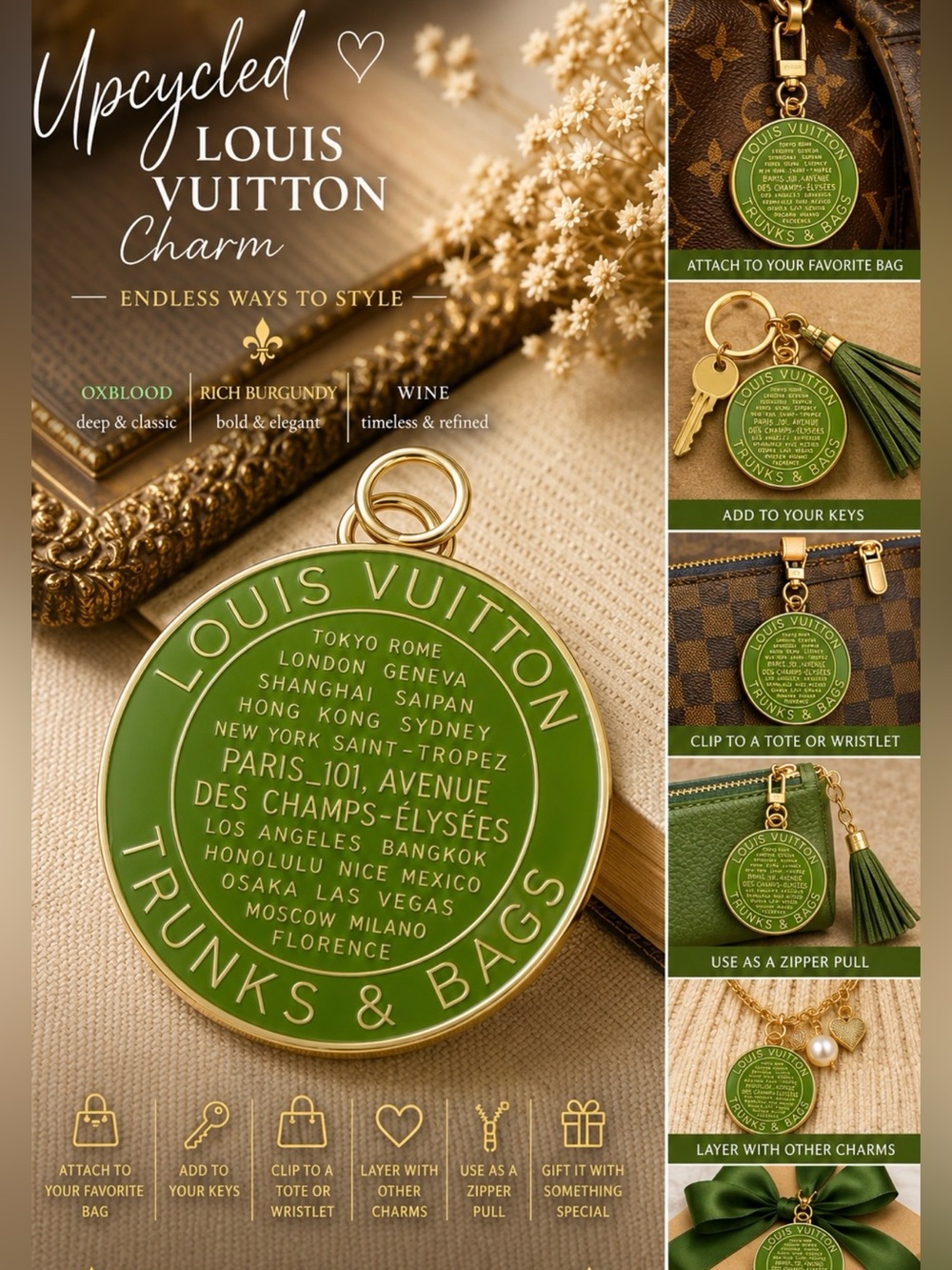 Rich Olive Green Upcycled-Style Trunks & Bags Charm | Bag Charm • Keychain • Zip